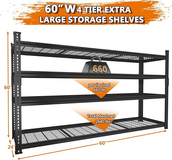 Storage Shelves Heavy Duty, 60"L x 24"W x 60"H Garage Wire Shelving Unit Loads 2640LBS, 4-tier Adjustable Metal Industrial Utility Shelf Rack for Kitchen, Laundry Room, Pantry, Warehouse, Basement