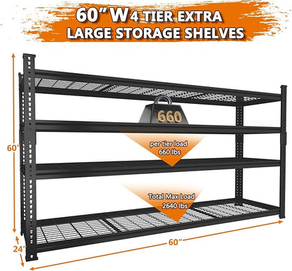 Storage Shelves Heavy Duty 2 PCS, 60"L x 24"W x 60"H Garage Wire Shelving Unit Loads 2640LBS, 4-tier Adjustable Metal Industrial Utility Shelf Rack for Kitchen, Laundry, Pantry, Warehouse, Basement