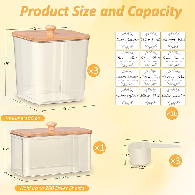 efluky 4 Pack Laundry Pods Container & Dryer Sheet Holder Set,Clear Laundry Room Organization Containers with Bamboo Lids and Labels,Laundry Pods Holder for Scent Booster,Powder,Pod