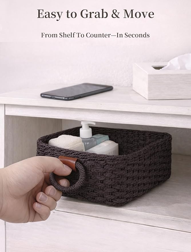 Storage Basket, Recycled Paper Rope Basket Organizer, 3Pcs Small Baskets for Organizing, Mini wicker Basket for Decorative Storage Bins, Shelves, Cabinet - Dark Brown