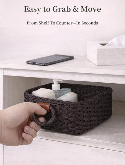 Storage Basket, Recycled Paper Rope Basket Organizer, 3Pcs Small Baskets for Organizing, Mini wicker Basket for Decorative Storage Bins, Shelves, Cabinet - Dark Brown
