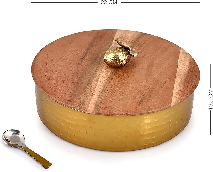 Elan Dabbahs and Days Spice Box with Stylish Lemon Knob |Stainless Steel with Wooden lid Masala Dabba | Masala Dani With 7 Containers and Small Spoon | Kitchen Spice Organiser (Antique Gold and Wood)