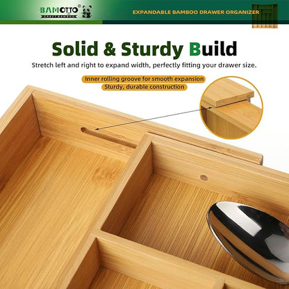 BAMOTTO CRAFTBAMBOO Expandable Bamboo Kitchen Drawer Organizer – Silverware Organizer, Utensil Holder & Cutlery Tray Drawer Dividers for Flatware (20"x16.9" Large Size, 8 Slot, Natural)