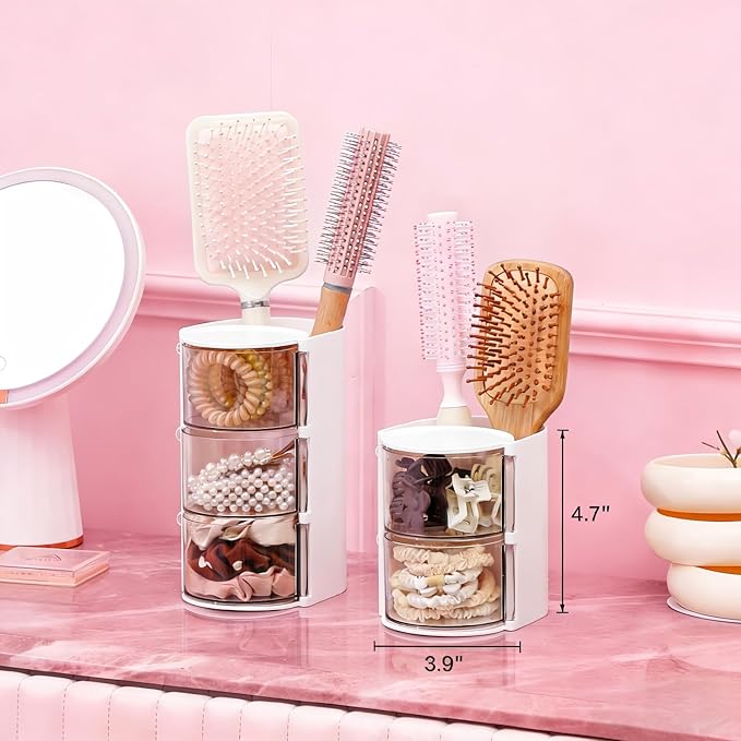 Hair Accessories Organizer with Hair Brush Holder, Rotatable Makeup Brush and Jewelry Storage Box for Hair Clips, Earrings, Necklaces, Bracelets, Rings, and Daily Accessories (White, 2-Layer)