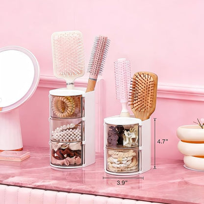 Hair Accessories Organizer with Hair Brush Holder, Rotatable Makeup Brush and Jewelry Storage Box for Hair Clips, Earrings, Necklaces, Bracelets, Rings, and Daily Accessories (White, 2-Layer)