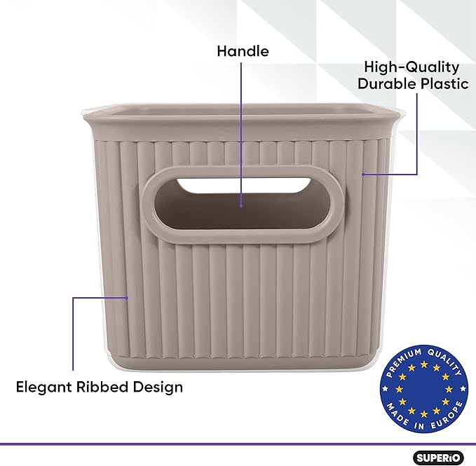 Decorative Plastic Basket Open Home Storage Bins Organizer Baskets, Small Taupe (4 Pack) Container Boxes for Organizing Closet Storage Bins for Shelves Drawer Shelf - Ribbed Collection 1.5 Liter