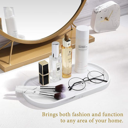 Luxspire Bathroom Vanity Tray, Handmade Resin Kitchen Tray, Oval Toilet Tank Tray, Bathroom Countertop Organizer Tray for Jewelry/Perfume/Soap Dispenser/Hand Towel - 11.4 Inch, Marble White