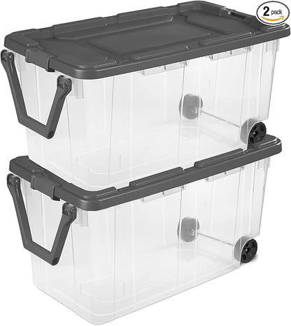 160 Quart Wheeled Storage Bin with Latching Lid, Extra Large Heavy Duty Clear Plastic Stackable Tote on Wheels，Rolling Storage Container with Pull Handle for Home Organization, Gray(2-Pack)