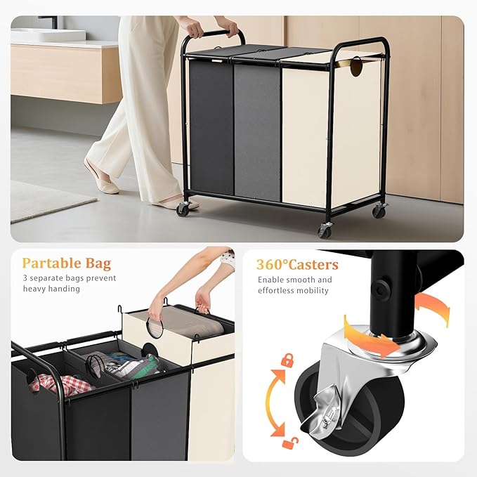 180L (47.55 Gal) Laundry Sorter 3 Section, Rolling Laundry Basket with Lockable Wheels and Lid, Laundry Hamper with 3 Separated Removable Bags Dirty Clothes Hamper for Laundry Room, Multicolored