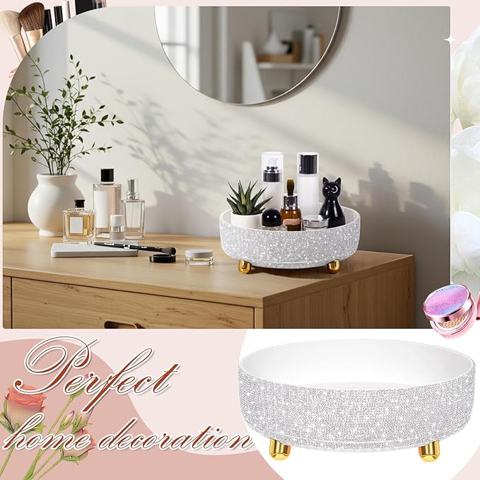 Honeydak Bling Perfume Makeup Organizer Bling Valentine's Day Mother's Day Gifts for Women Bathroom Organizers and Storage 360 Rotating Makeup Organizer for Countertop (White,Rhinestone)