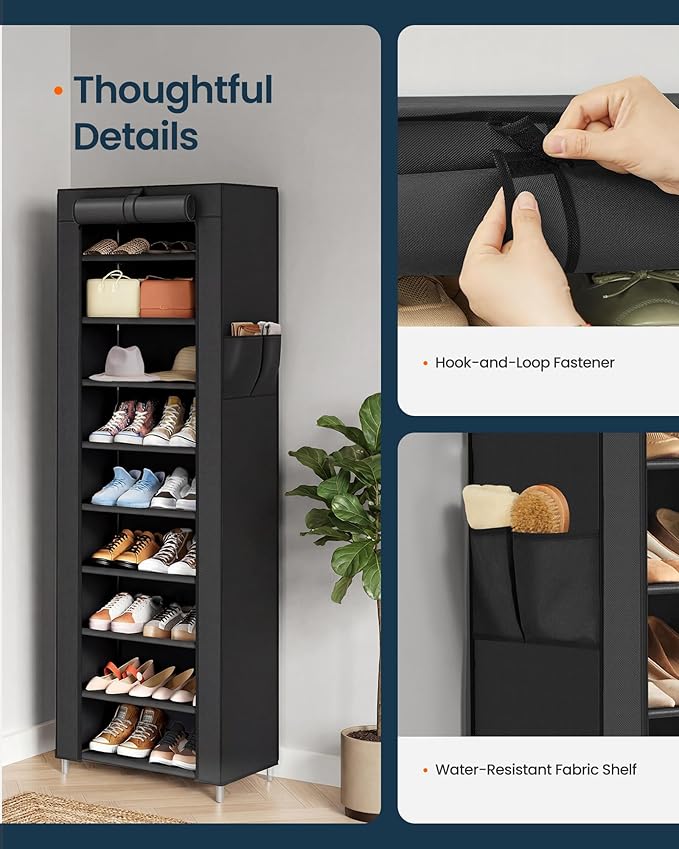 SONGMICS HOME Shoe Rack 10-Tier, Tall Narrow Metal Shoe Organizer with Dust Cover, 11.2 x 19.1 x 63.2 Inches, Vertical Storage Cabinet for Closet Entryway, Black