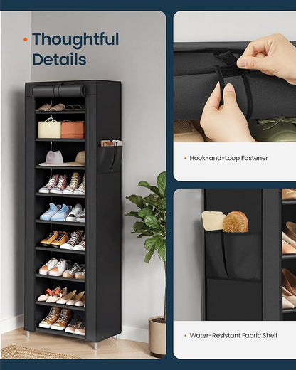 SONGMICS HOME Shoe Rack 10-Tier, Tall Narrow Metal Shoe Organizer with Dust Cover, 11.2 x 19.1 x 63.2 Inches, Vertical Storage Cabinet for Closet Entryway, Black