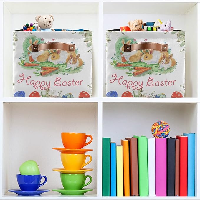 Large Storage Basket Happy Easter Bunny Rabbit Egg Floral Foldable Storage Box Organizer Bins with Handles for Bedroom Home Office