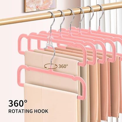 14 Inch 30 Pack Velvet Pants Hangers Non Slip,Slim Felt Jean Hangers with 10 Hooks and 2 Clips,Strong Durable Thin Space Saving Clothes Hanger with 360°Swivel Hook for Shorts,Skirts Bra(Pink)