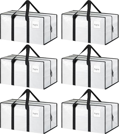 6 Pack Extra Heavy Duty Large Moving Bags with Strong Zipper & Comfortable Handles, Sturdy & Durable Clothes Storage Bags Totes Bins, Packing Moving Boxes for College Supplies, White