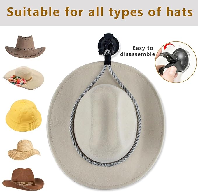 Cowboy Hat Holder for Trucks & Cars – 2-Pack Suction Cup Hat Rack, Universal Hat Mount for Windshield/Dash, Durable Lariat Rope Design (No Tools Needed)