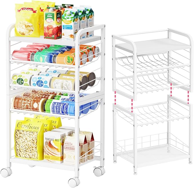 SWTYMIKI Can Organizer for Pantry - Stackable Rolling Snack Cart, Soda Can Organizer, Multi-Functional Shelf with Adjustable Wheels for Kitchen, Office, Living Room, White