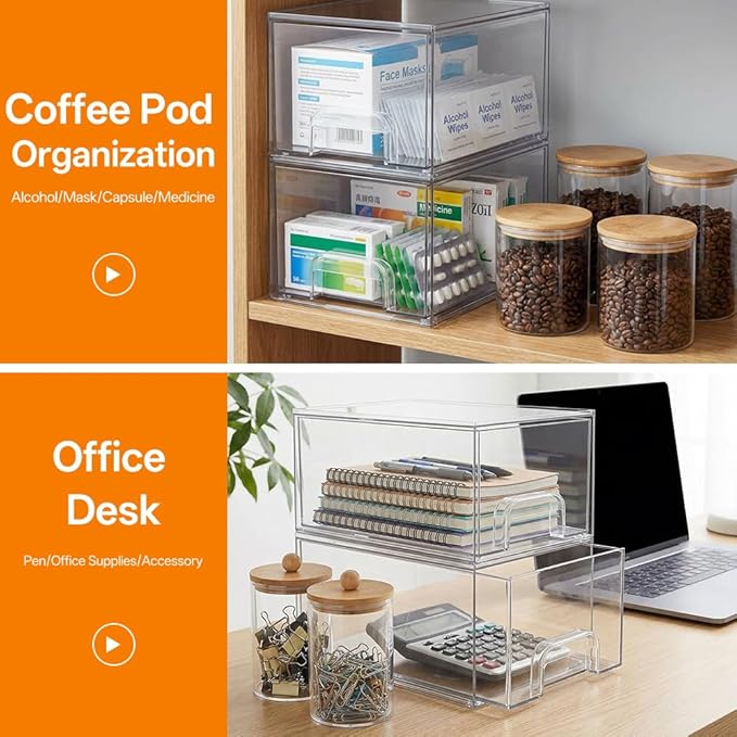 6 Pack Clear Stackable Storage Drawers & Qtip Holder Dispenser with Bamboo Lids, Acrylic Drawer Containers Plastic Organizer Bins for Makeup, Bathroom, Cabinet, Undersink