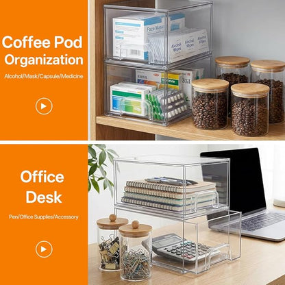 6 Pack Clear Stackable Storage Drawers & Qtip Holder Dispenser with Bamboo Lids, Acrylic Drawer Containers Plastic Organizer Bins for Makeup, Bathroom, Cabinet, Undersink