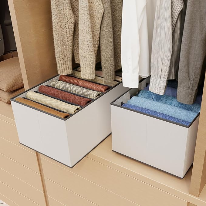 EASEVE 6 Pack Wardrobe Closet Organizer and Storage for Clothes - 7 Grids Foldable Drawer Dividers Organizers for Jeans | Pants | Shirts | Leggings, Stackable Clothing Bins for Closets Organization