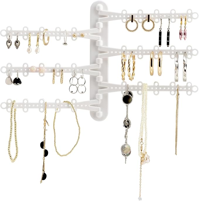 All Hung Up 6-Tier 6" Wall Jewelry Organizer, Command Strips included for Easy Hanging, 120 Hole Earring Organizer, Necklace Organizer, Bracelet Holder, Ring Holder, Rotating Branches (White 6-TIer)
