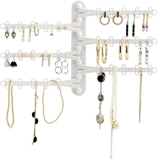 All Hung Up 6-Tier 6" Wall Jewelry Organizer, Command Strips included for Easy Hanging, 120 Hole Earring Organizer, Necklace Organizer, Bracelet Holder, Ring Holder, Rotating Branches (White 6-TIer)