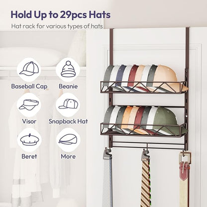 SWTYMIKI Over Door Hat Organizer - 3 Tier Wall Mounted Hat Rack with 2 Adjustable Metal Basket and 3 Hooks, Hanging Baseball Cap Organizer Storage Holds up to 29 Caps for Door, Bedroom, Closet