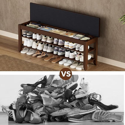 Homleke Shoe Rack Bench with Flip-Top Storage, Solid Wood Entryway Bench with Cushion, Adjustable Shelf, for Hallway, Mudroom, Closet – Walnut, 47.2"