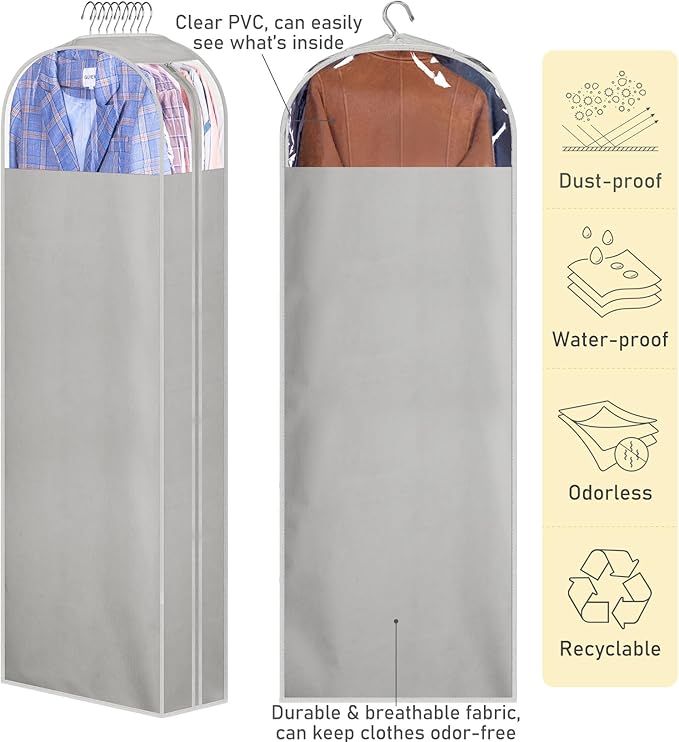 MISSLO 10" Gusseted Garment Bags for Hanging Clothes Storage 60" Dress Bags for Gowns Long Breathable Dress Cover for Closet Storage Coat Protector, 3 Packs, Grey
