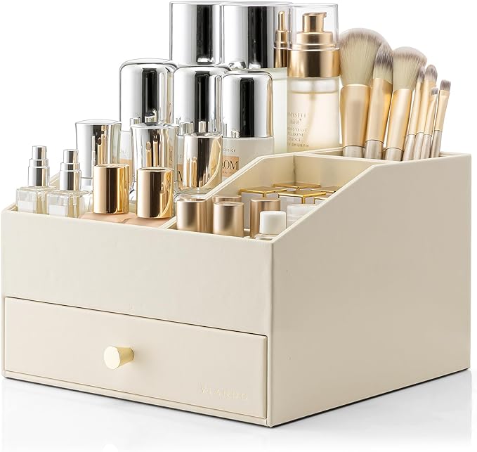 VLANDO Makeup Organzier,Vanity Organizer with Drawers, PU Leather Skincare Organizer Perfume Organizer,Large Cosmetic Display Case for Lipstick,Brushes Gifts for Women-Beige