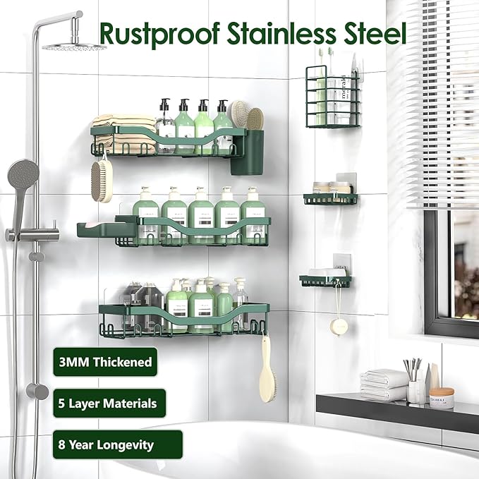 NESOMI Shower Caddy Adhesive Shower Organizer 8-Pack, Rustproof Stainless Steel Bathroom Shelves, Large Capacity No-Drill Rack Storage Accessories with Soap Dish Toothbrush Holder Hooks
