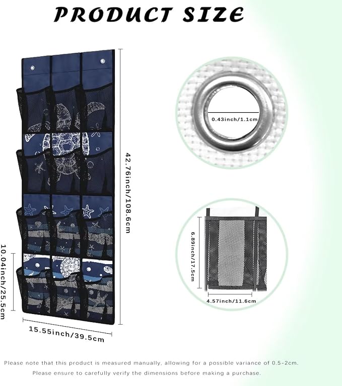 Over Door Hanging Organizer - 12 Reinforced Pockets for Diapers, Cleaning Supplies, Toys, Anti-Slip Metal Hooks,Sea Turtle