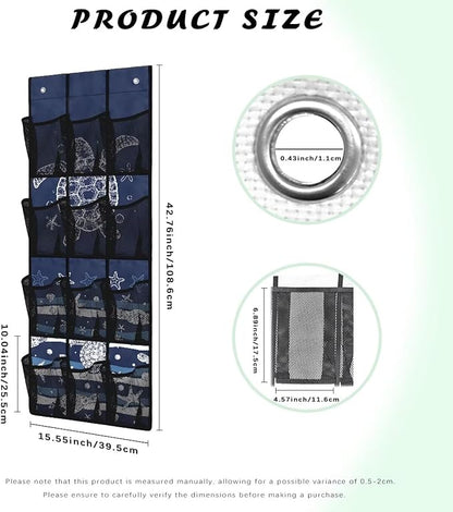 Over Door Hanging Organizer - 12 Reinforced Pockets for Diapers, Cleaning Supplies, Toys, Anti-Slip Metal Hooks,Sea Turtle