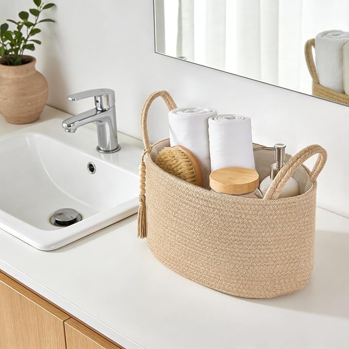 Mkono Storage Basket for Toilet Paper Boho Bathroom Decor Woven Rope Towels Toiletries Tray Organizer with Handles for Shelf Countertop Bedroom Living Room, Jute, 13" L x 10" W x 9" H