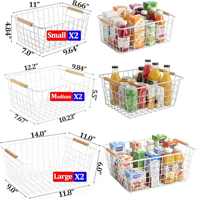 Metal Wire Food Storage Basket Organizer with Wooden Handles for Organizing Kitchen Cabinets 6 Pack White (3 Szie)