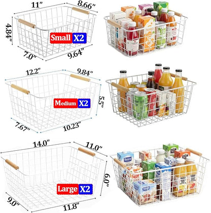 Metal Wire Food Storage Basket Organizer with Wooden Handles for Organizing Kitchen Cabinets 6 Pack White (3 Szie)