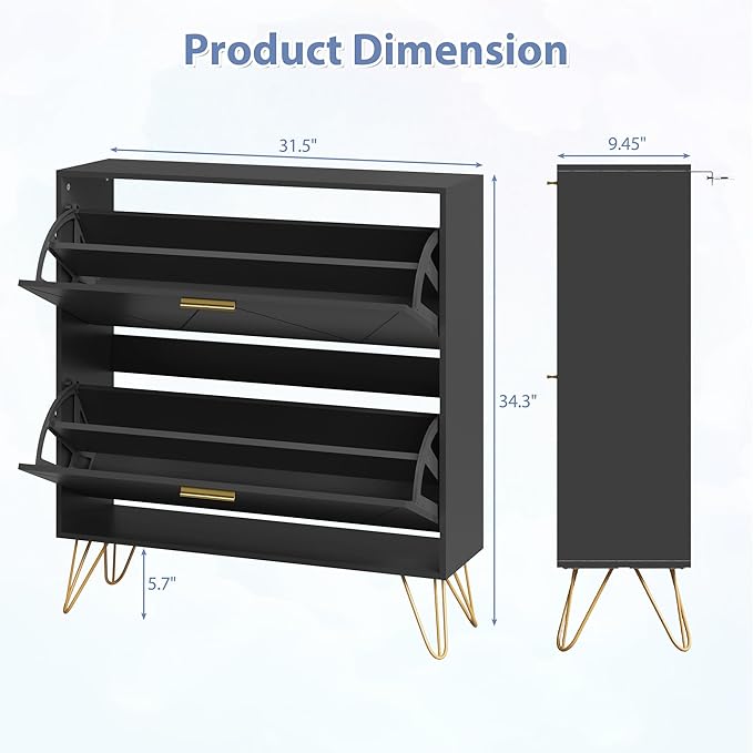 Shoe Storage Cabinet with 2 Flip Drawers, Shoe Cabinet Storage Entryway Slim, Black Narrow Shoe Cabinet w/Gold Handles & Metal Legs, Hidden Freestanding Shoe Organizer for Hallway