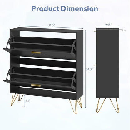 Shoe Storage Cabinet with 2 Flip Drawers, Shoe Cabinet Storage Entryway Slim, Black Narrow Shoe Cabinet w/Gold Handles & Metal Legs, Hidden Freestanding Shoe Organizer for Hallway