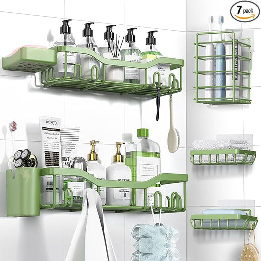 NESOMI Shower Caddy Adhesive Shower Organizer 7-Pack, Rustproof Stainless Steel Bathroom Shelves, Large Capacity No-Drill Rack Storage Accessories with Soap Dish Toothbrush Holder Hooks