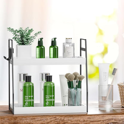 VITVITI 2-Tier Bathroom Organizer Countertop, Wood Bathroom Counter Organizer and Storage, Bathrom Corner Sink Vanity Skincare Organizer Shelf with Hooks, White
