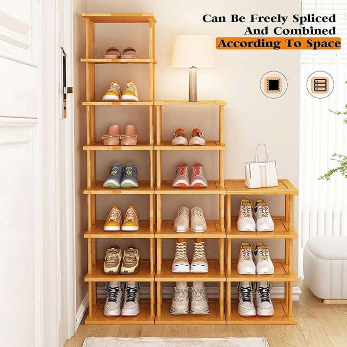 Aniston 4 Tier Small Shoe Rack Bamboo, Free Standing Slim Narrow Shoe Storage, Vertical Tall Shoe Shelf Organiser for Garage, Closet, Doorway, Corner, Living Room Small Spaces