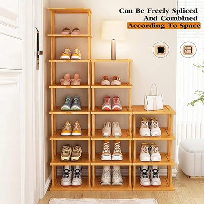 Aniston 4 Tier Small Shoe Rack Bamboo, Free Standing Slim Narrow Shoe Storage, Vertical Tall Shoe Shelf Organiser for Garage, Closet, Doorway, Corner, Living Room Small Spaces