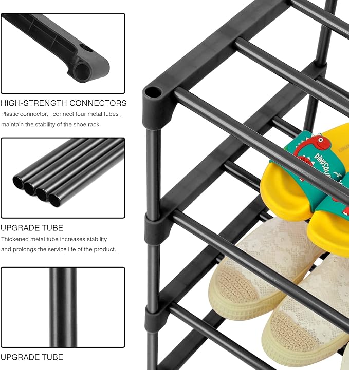 HITHIM 4-Tier Small Shoe Racks, Narrow Shoe Rack for 6-8 Pairs Shoe Storage,Kids Shoe Racks for Small Place,Lightweight Stackable Shoe Shelf Organizer for Closet,Black