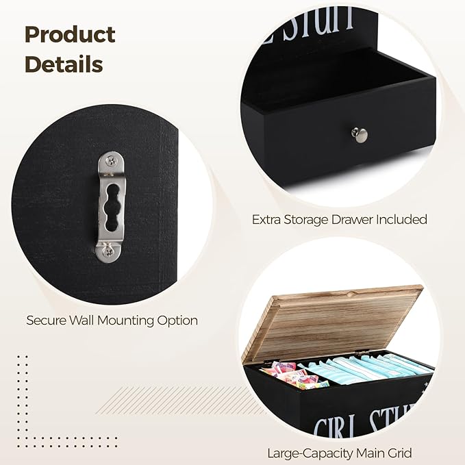 Wood Tampon Holder for Bathroom - Feminine Product Organizer with 3-Tier Compartments, Pad and Tampon Organizer with Drawer, Flip-Top Lid for Easy Access, 9.4 x 5.6 x 8.9 in
