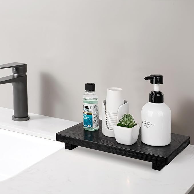 Bathroom Counter Organizer Wood Pedestal Stand Farmhouse Decorative Tray Soap Holder for Kitchen Decor, Large 11.8" x 7" - Black