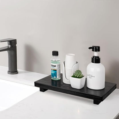 Bathroom Counter Organizer Wood Pedestal Stand Farmhouse Decorative Tray Soap Holder for Kitchen Decor, Large 11.8" x 7" - Black