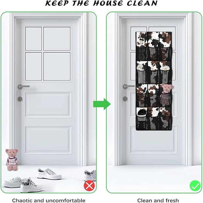 Cow Print Daisy Over the Door Shoe Organizer 12 Large Mesh Pockets Sturdy Oxford Door Shoe Organizer Hanging Shoe Rack for Closet Shoe Holder