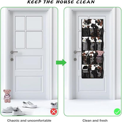 Cow Print Daisy Over the Door Shoe Organizer 12 Large Mesh Pockets Sturdy Oxford Door Shoe Organizer Hanging Shoe Rack for Closet Shoe Holder