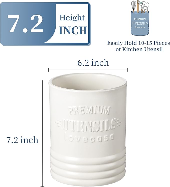 LOVECASA Vintage Utensil Holder for Kitchen Countertop, 7.2” Large Ceramic Utensil Crock for Home Décor, Farmhouse Utensil Vase for Housewarming, Wedding, Birthday Gift - Cream White