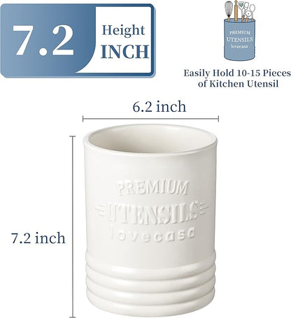 LOVECASA Vintage Utensil Holder for Kitchen Countertop, 7.2” Large Ceramic Utensil Crock for Home Décor, Farmhouse Utensil Vase for Housewarming, Wedding, Birthday Gift - Cream White